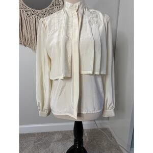 Vtg 80s Jacques Vert Cream High Neck Ruffle Pearl Beaded Embroidered Blouse 12